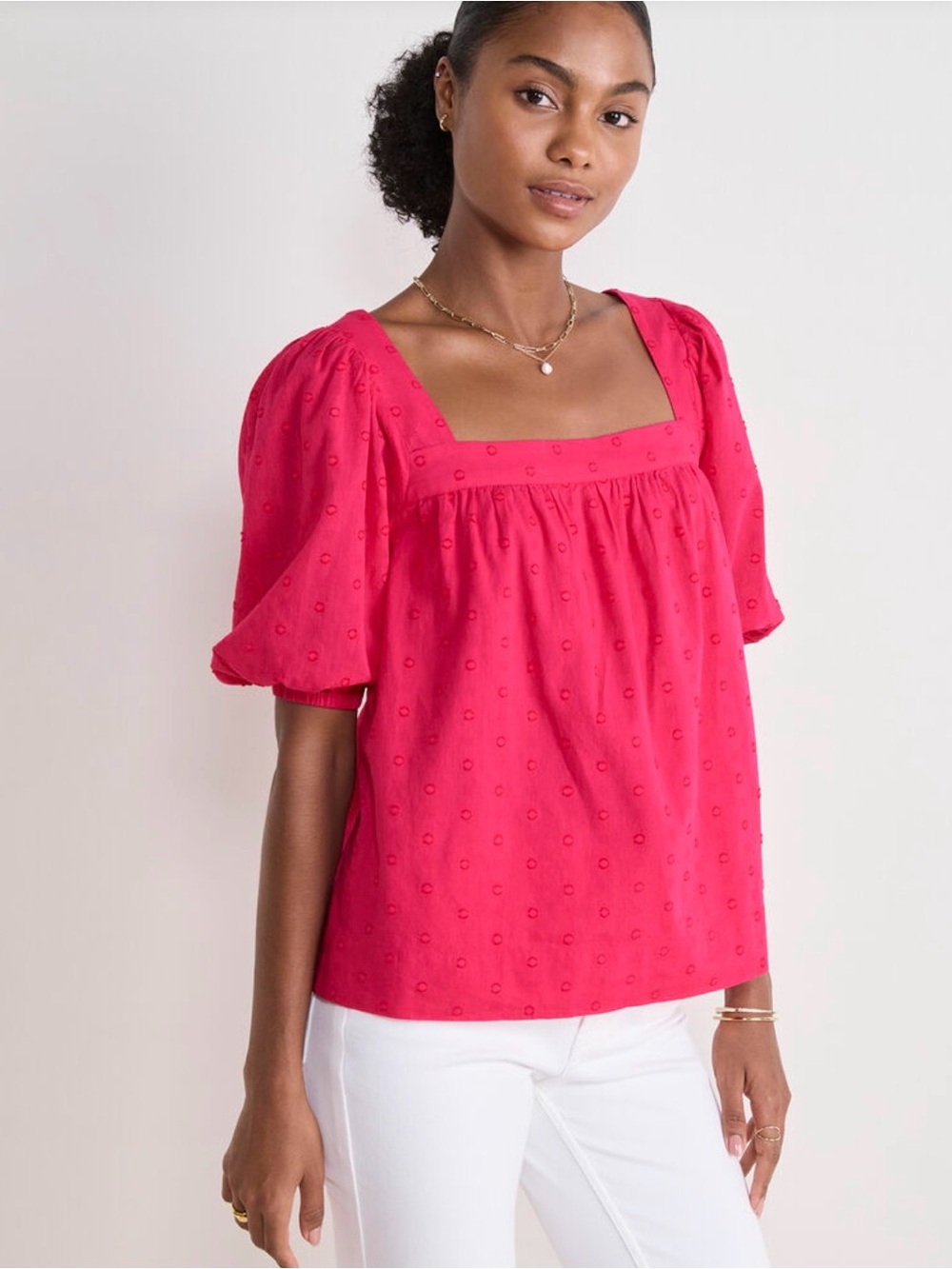 Vineyard Vines Serena Dobby Top Charm Pink XL Puff Sleeve Square Neck